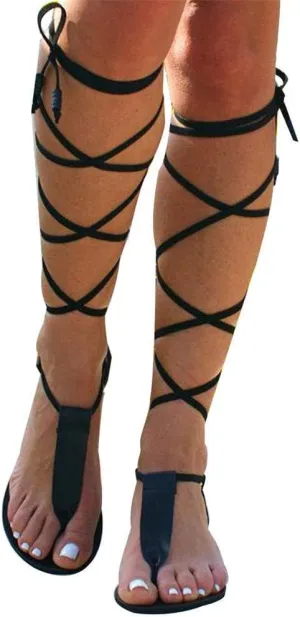 ZBYY Women Gladiator Beach Sandals T-Strap Flat Strappy Knee High Crisscross Shoes Open Toe Summer Flip Flops Sandals