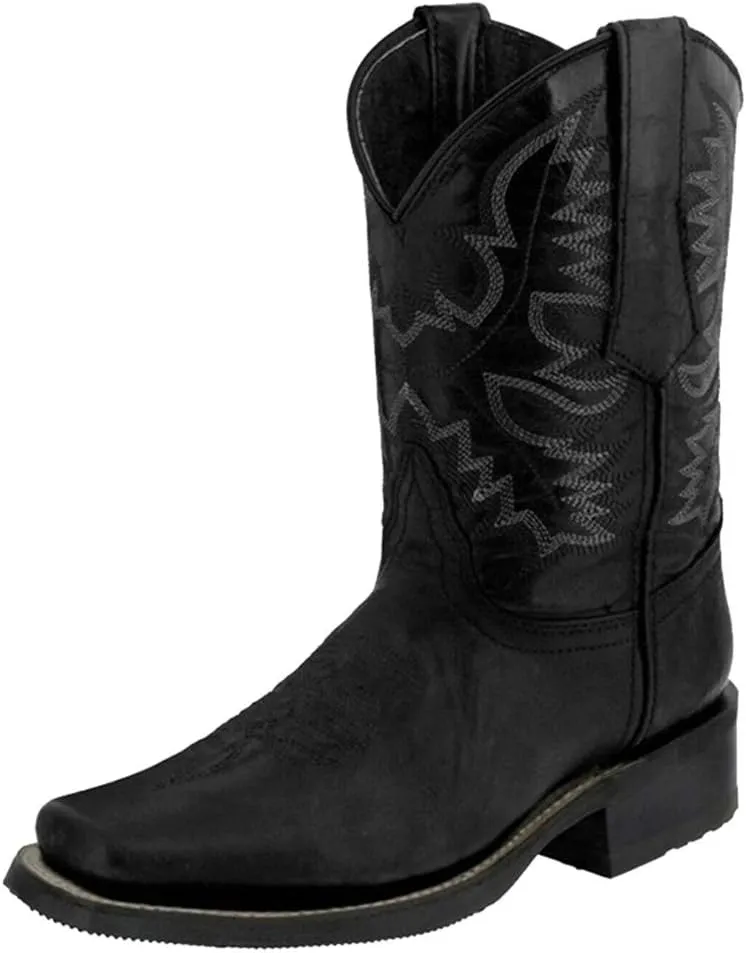 ZBYY Women's Wide Calf Western Cowboy Boots Square Toe Leather Boots Embroidered Slip On Low Heeled Mid Calf Boots