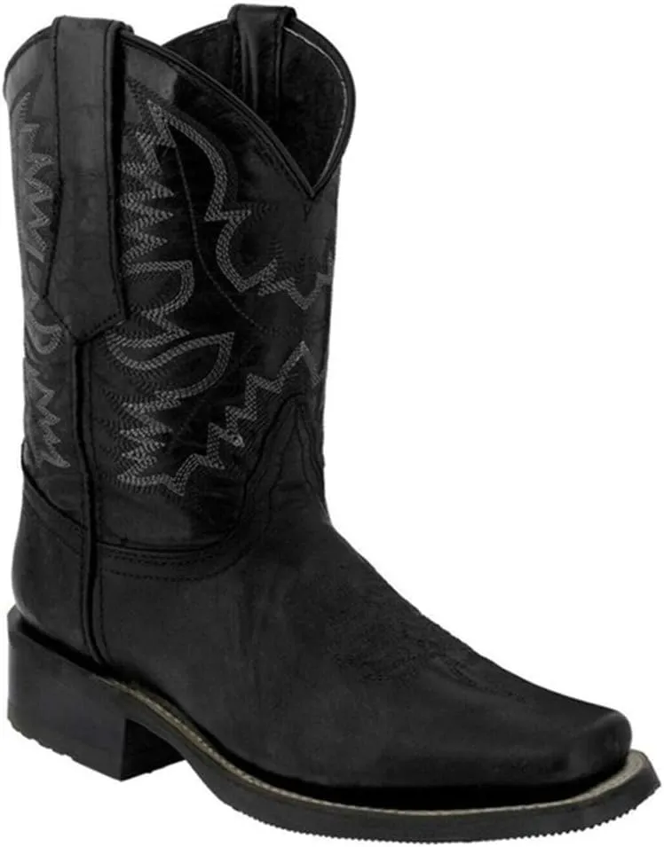 ZBYY Women's Wide Calf Western Cowboy Boots Square Toe Leather Boots Embroidered Slip On Low Heeled Mid Calf Boots